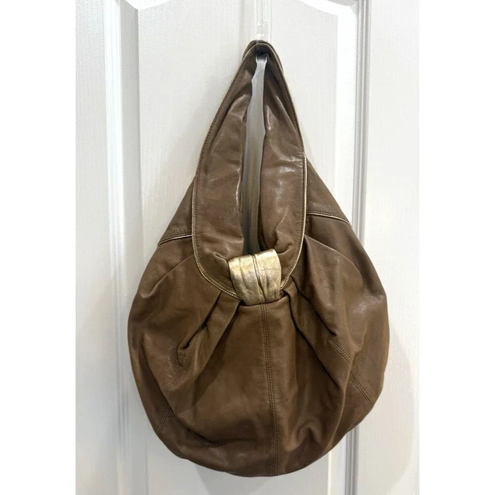 KOOBA Pleated Shoulder Leather Hobo Bag Purse Gold Brown Slouchy Boho - Picture 3 of 16